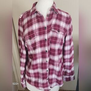 U7 Sonoma Life Style raspberry plaid flannel women's long sleeve button up